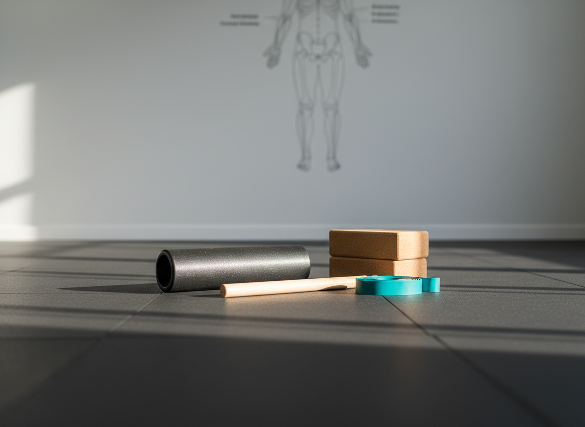 A neatly organized mobility training space featuring a high-quality black foam roller, a pair of cork yoga blocks, a smooth wooden dowel, and a bright teal resistance band arranged on a clean, matte charcoal rubber floor. In the background, a simple light gray wall holds a minimal chart of joint anatomy, softly out of focus. Natural morning light enters from an unseen window to the left, creating gentle highlights on the textured surfaces and soft shadows that add depth. Photographic realism at eye level, with a shallow depth of field, emphasizing calm, professionalism, and a sense of readiness for focused, pain-free movement work.