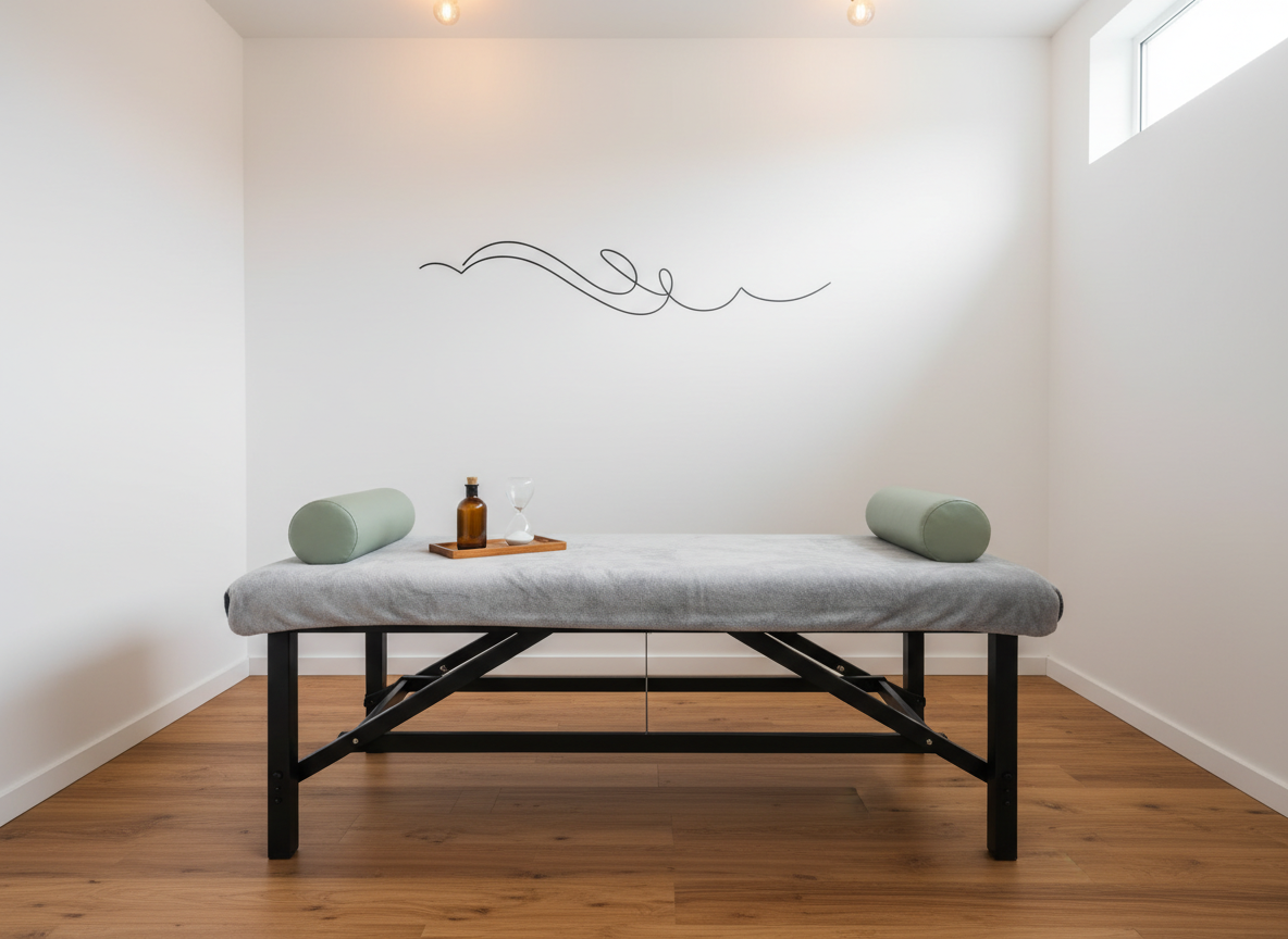 A serene recovery zone featuring a dark charcoal therapy table topped with a neatly folded light gray blanket, two supportive cylindrical bolsters in muted sage, and a small wooden tray holding an amber glass bottle of massage oil and a minimalist sand timer. The floor is warm-toned wood, clean and uncluttered, leading to a soft white wall with a single, abstract line drawing symbolizing fluid movement. Gentle, diffused overhead lighting and subtle natural light from a high side window combine to create a tranquil, restorative atmosphere. Photographic realism with a wide, eye-level composition keeps everything in crisp focus, portraying a professional space dedicated to peaceful, pain-free recovery.