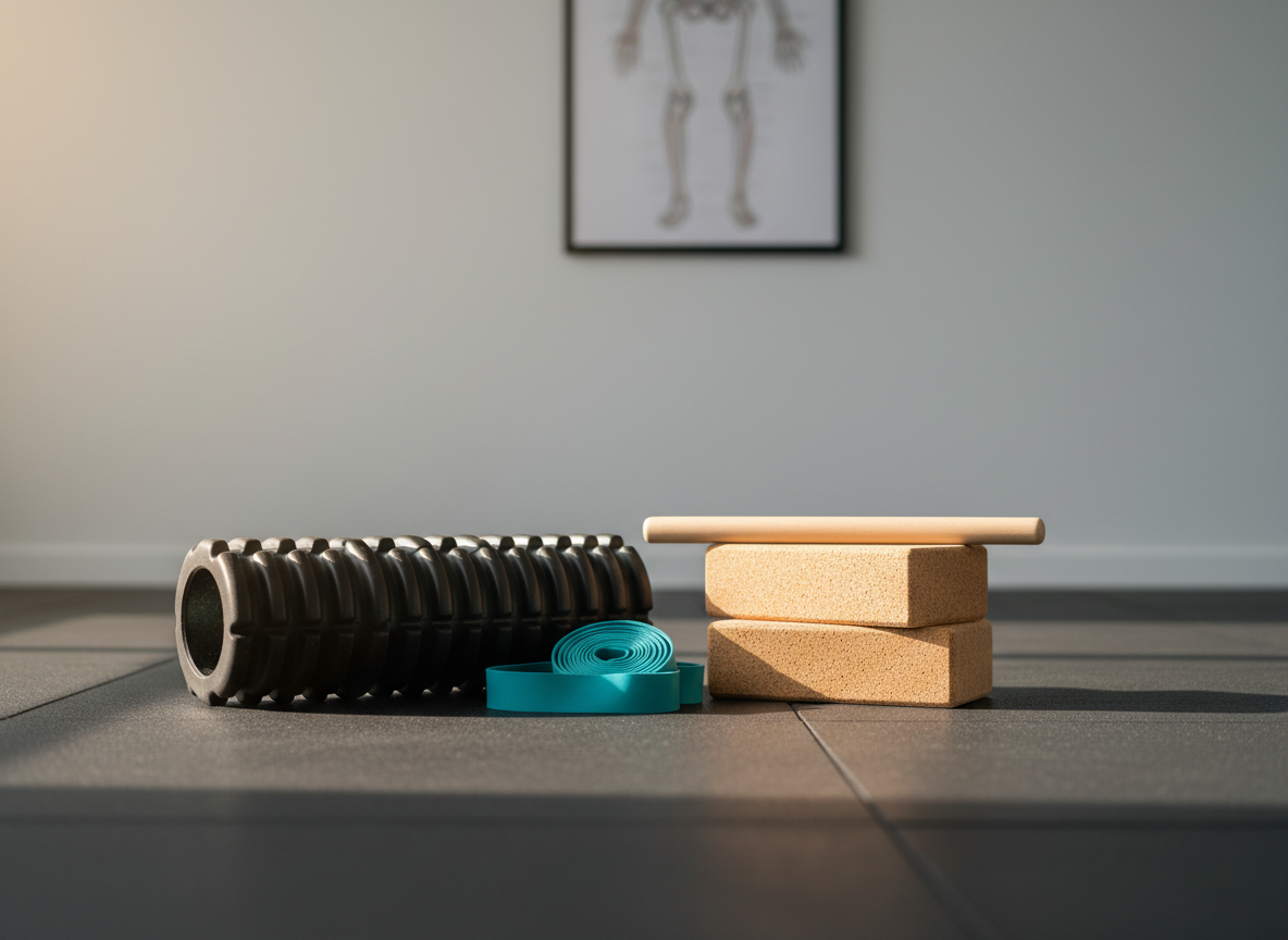 A neatly organized mobility training space featuring a high-quality black foam roller, a pair of cork yoga blocks, a smooth wooden dowel, and a bright teal resistance band arranged on a clean, matte charcoal rubber floor. In the background, a simple light gray wall holds a minimal chart of joint anatomy, softly out of focus. Natural morning light enters from an unseen window to the left, creating gentle highlights on the textured surfaces and soft shadows that add depth. Photographic realism at eye level, with a shallow depth of field, emphasizing calm, professionalism, and a sense of readiness for focused, pain-free movement work.
