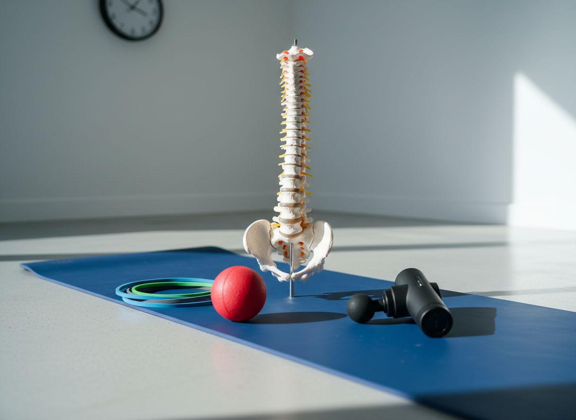 A dynamic mobility training setup laid out on a deep blue exercise mat: an articulated spine model with visible vertebrae and discs, a set of three color-graded mini resistance bands, a firm lacrosse ball, and a compact, matte-black massage gun resting neatly at the edge. The mat sits on a smooth, light concrete floor, with a minimalist white wall and a simple analogue clock in the softly blurred background, hinting at structured, purposeful sessions. Cool, bright window light streams in from the right, creating clean lines of shadow and highlight that convey energy without chaos. Captured in photographic realism from a slightly elevated, three-quarter angle, the image feels modern, precise, and focused on intelligent, pain-free mobility work.