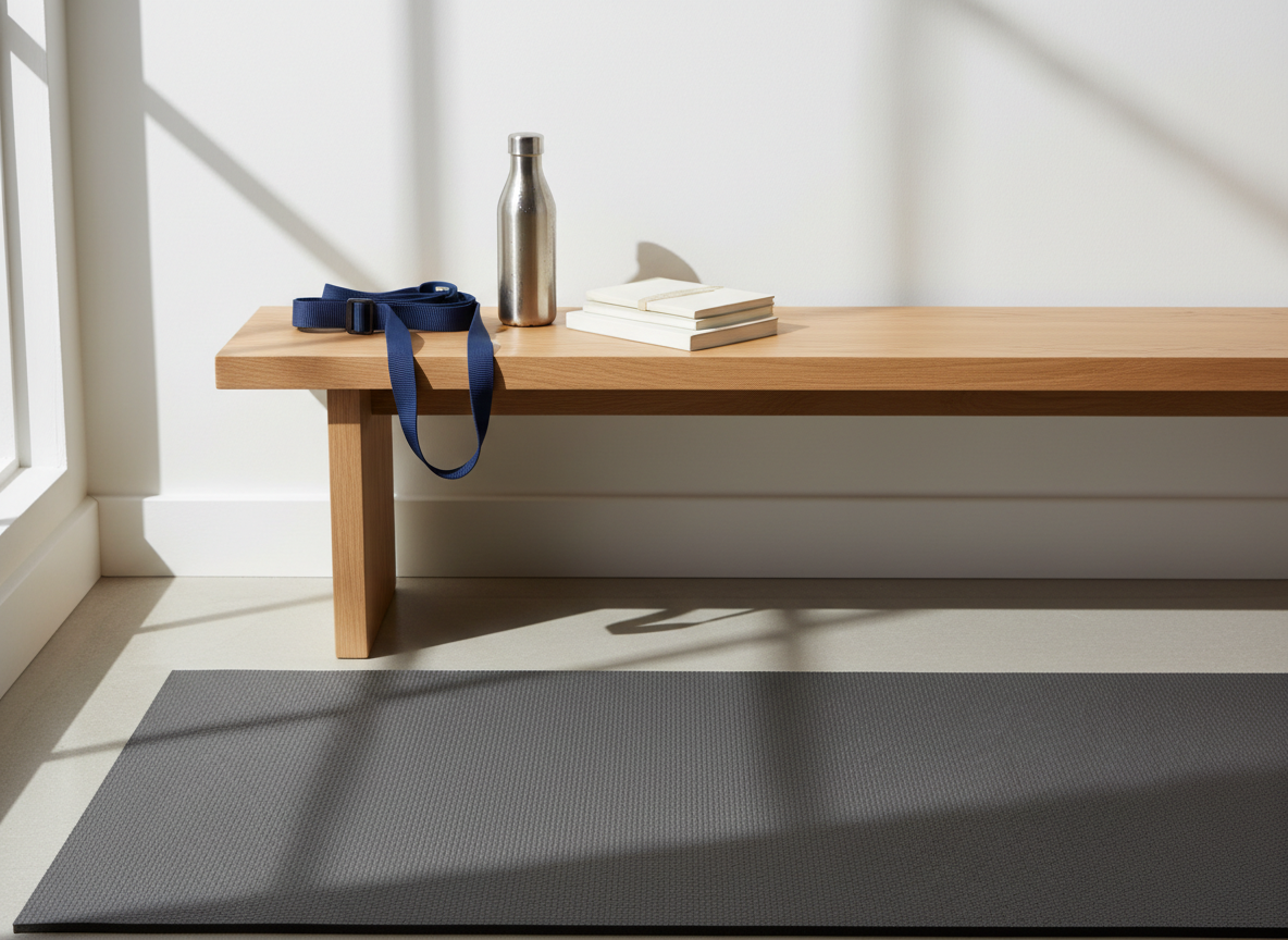 An elegantly designed mobility and recovery corner with a low, natural oak bench supporting a neatly folded navy stretching strap, a stainless steel water bottle with condensation, and a small stack of nutrition journals with neutral covers. On the floor, a thick, graphite-colored exercise mat lies perfectly aligned with the clean white wall. Soft, diffused daylight from a large off-frame window bathes the scene, casting mellow, elongated shadows that evoke a peaceful, purposeful atmosphere. Captured in photographic realism from a slightly elevated angle, the composition uses the rule of thirds to highlight balance between movement, hydration, and mindful learning in a minimalist, professional setting.