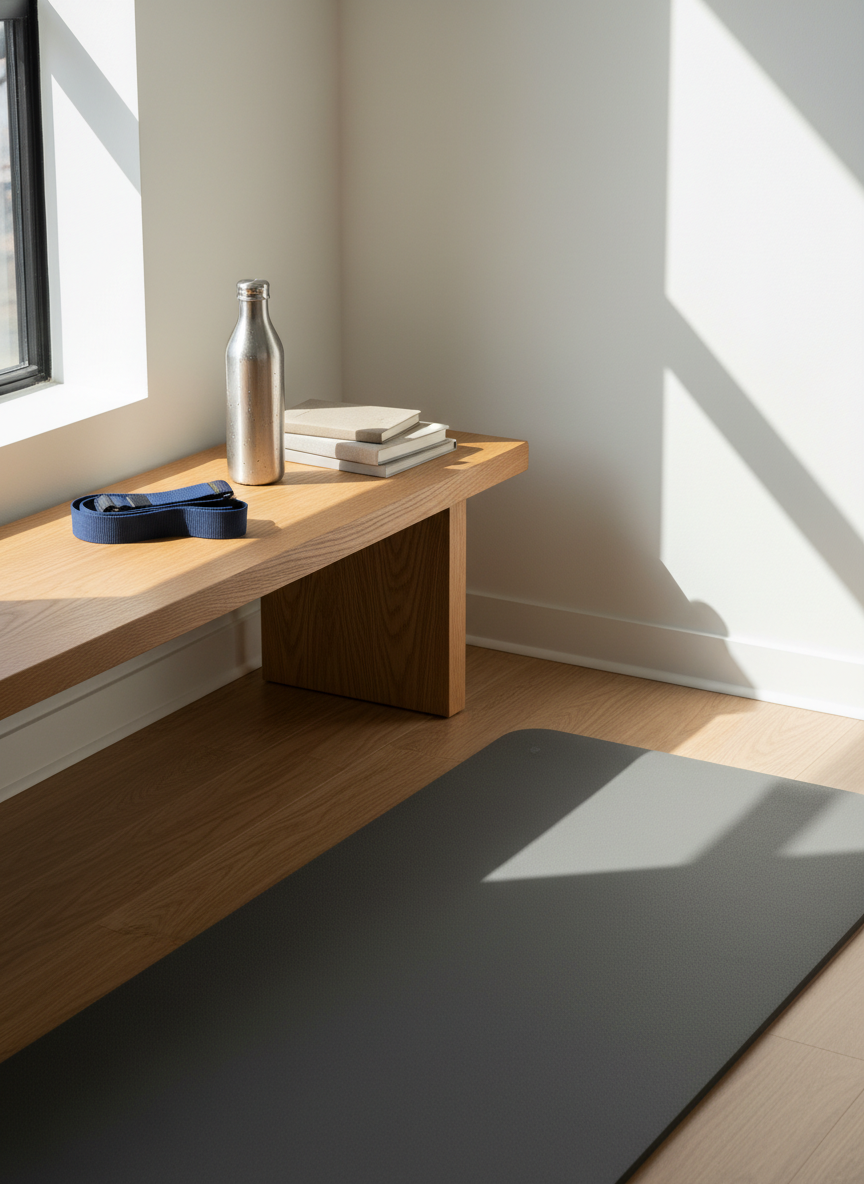 An elegantly designed mobility and recovery corner with a low, natural oak bench supporting a neatly folded navy stretching strap, a stainless steel water bottle with condensation, and a small stack of nutrition journals with neutral covers. On the floor, a thick, graphite-colored exercise mat lies perfectly aligned with the clean white wall. Soft, diffused daylight from a large off-frame window bathes the scene, casting mellow, elongated shadows that evoke a peaceful, purposeful atmosphere. Captured in photographic realism from a slightly elevated angle, the composition uses the rule of thirds to highlight balance between movement, hydration, and mindful learning in a minimalist, professional setting.