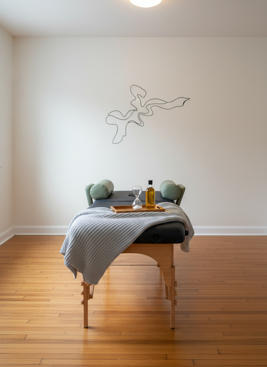 A serene recovery zone featuring a dark charcoal therapy table topped with a neatly folded light gray blanket, two supportive cylindrical bolsters in muted sage, and a small wooden tray holding an amber glass bottle of massage oil and a minimalist sand timer. The floor is warm-toned wood, clean and uncluttered, leading to a soft white wall with a single, abstract line drawing symbolizing fluid movement. Gentle, diffused overhead lighting and subtle natural light from a high side window combine to create a tranquil, restorative atmosphere. Photographic realism with a wide, eye-level composition keeps everything in crisp focus, portraying a professional space dedicated to peaceful, pain-free recovery.