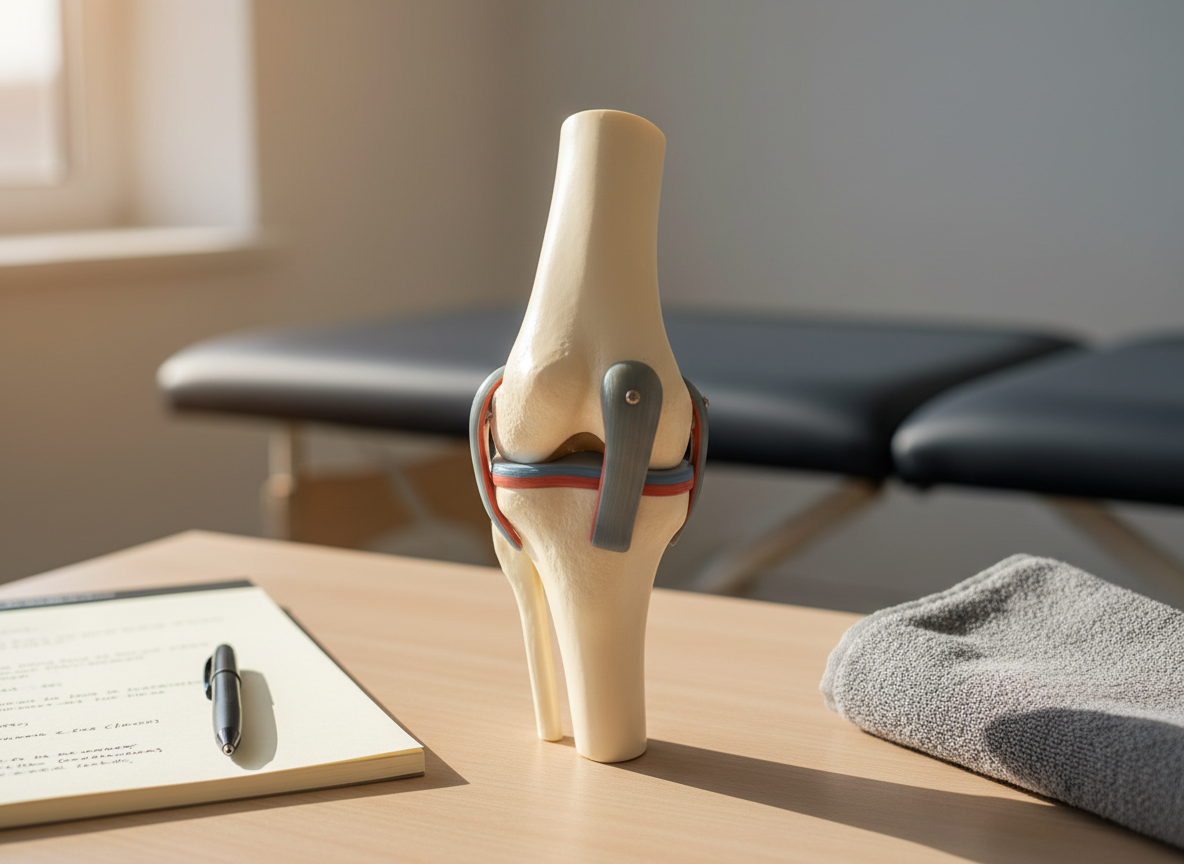 A close-up, photographic realism shot of a detailed knee joint anatomical model made of smooth ivory plastic with subtle matte finish, ligaments highlighted in muted red and blue. The model rests on a light beechwood desk beside a neatly arranged notepad, a slim black pen, and a folded gray microfiber towel. In the softly blurred background, a clean, modern treatment table with a dark slate cover is partially visible. Warm, indirect afternoon light from a side window creates delicate highlights along the contours of the model, emphasizing precision and care. The mood is clinical yet comforting, with an eye-level composition that communicates expertise in mobility, assessment, and pain-free movement therapy.