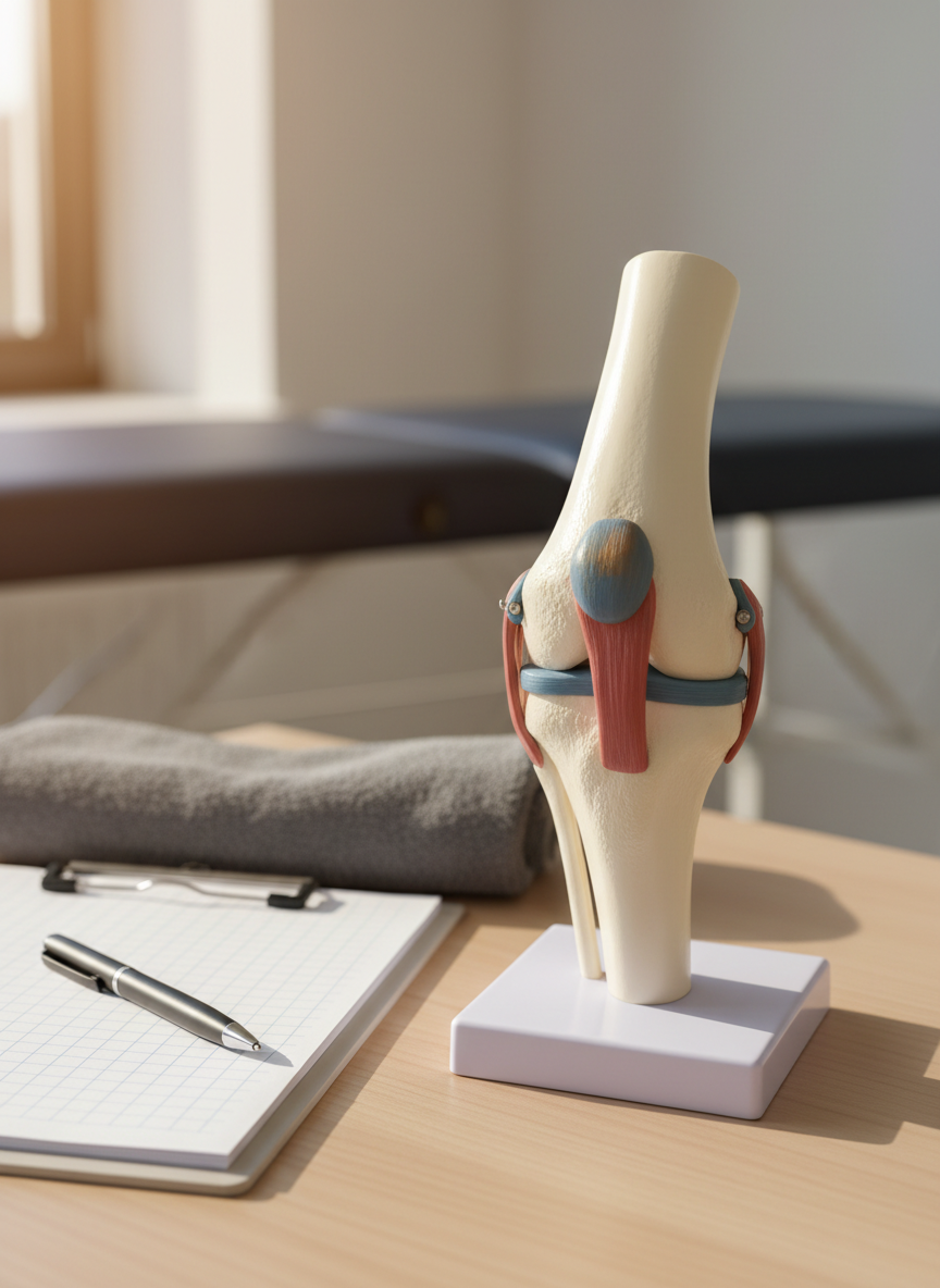 A close-up, photographic realism shot of a detailed knee joint anatomical model made of smooth ivory plastic with subtle matte finish, ligaments highlighted in muted red and blue. The model rests on a light beechwood desk beside a neatly arranged notepad, a slim black pen, and a folded gray microfiber towel. In the softly blurred background, a clean, modern treatment table with a dark slate cover is partially visible. Warm, indirect afternoon light from a side window creates delicate highlights along the contours of the model, emphasizing precision and care. The mood is clinical yet comforting, with an eye-level composition that communicates expertise in mobility, assessment, and pain-free movement therapy.
